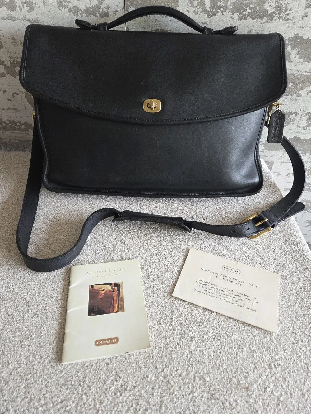 Coach Black Leather Laptop Briefcase with Gold Hardware and Removable Strap